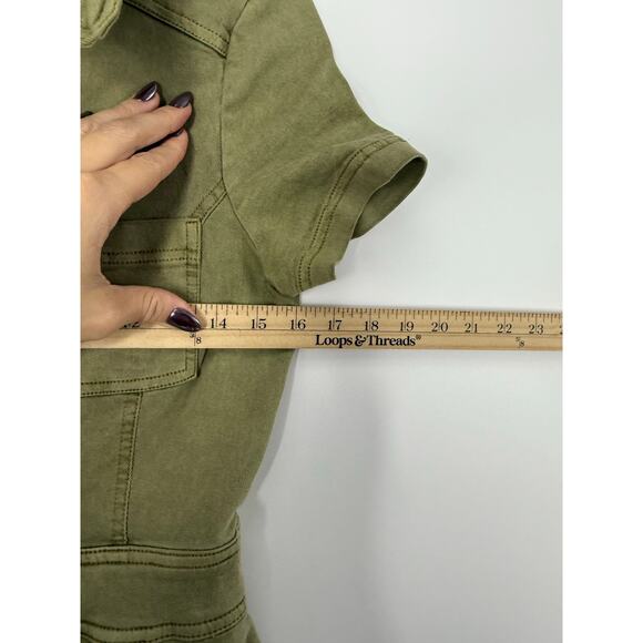 Urban Outfitters Emma Denim Flared Jumpsuit Women S Olive Green Utility Stretch - Picture 7 of 12